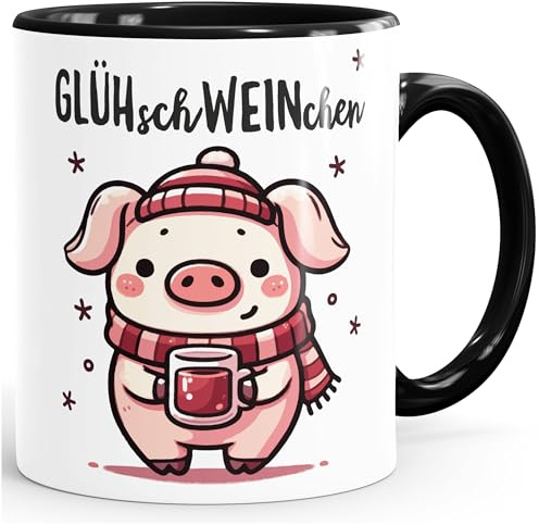 MoonWorks Tasse Glühwein Motiv Glüh-Schweinchen Wortspiel Emaillebecher lustig kleines Geschenk Weihnachten Weiss-innen-schwarz standard