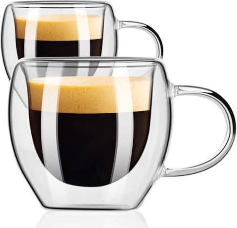 PARACITY Set di 2 tazzine da caffè espresso a doppia parete con manico, 70,9 g, in borosilicato, accessori per espresso
