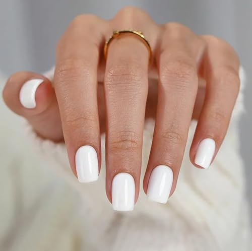 MouyouGlow Press on Nails Kurz,Squoval Weiß Einfarbige Glossy Fake Nails Kunstnägel mit Nagelkleber,White Colour Solid Plain Künstliche Fingernägel …
