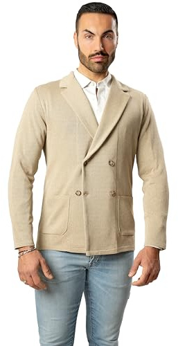Giacca Doppio Petto da Uomo - Punto di Cucitura Milano - Blaazer Slim Fit in Cotone - Artigianale, Made in Italy - Casual, Classica Sportiva (IT, Testo, L, Regular, Regular, Beige)
