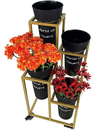 Metall-Blumenregal, Pflanzenschneidehalter, Blumenständer mit Eimern, Blumenwagen-Ausstellungsständer mit Rädern (schwarz)
