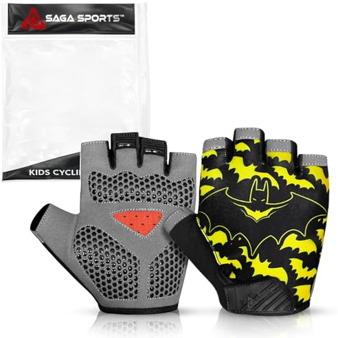 SAGA SPORTS Half Finger Kids Cycling Gloves| Non-Slip, Padded, Antislip, Fingerless Kids Bike Gloves for Boys and Girls | Ideal for BMX, MTB, Gymnastics (Black, Small [4-6])