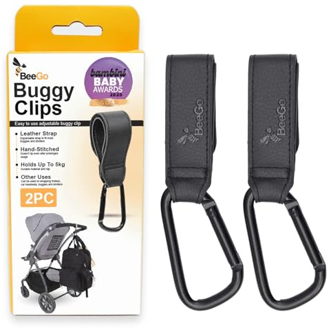 BeeGo® Buggy Clips – 2025 Award-Winning Stroller & Pram Hooks for Bags, Strong Pushchair Clips for Shopping Bags & Nappy Bags (2 Pack, Black)