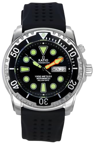 RATIO FreeDiver Helium-Safe Dive Watch Sapphire Crystal Automatic Diver Watch 1000M Water Resistant Diving Watch for Men (Black)