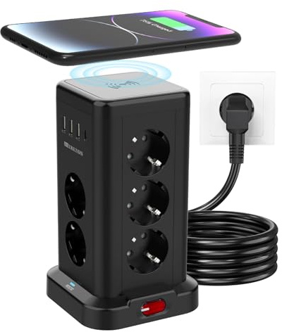 Tour de Prises 11 avec Chargeur sans Fil | Protection Contre Les Surtensions et Interrupteur | 3680W Max (16A) | 11 Prises EU + 4 Ports USB | Câble d'alimentation 2m | pour Bureau, Maison | Noir