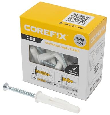 Corefix ONE Universal Wall Plugs & Screws Pack of 24, Heavy Duty (100kg in masonry) Wall Fixing Suitable or All Wall Types. Perfect For Mounting Shelves, Hanging TV's And Securing Cabinets