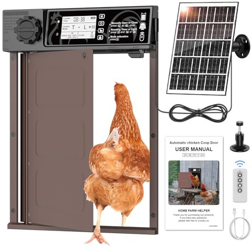 MASTERFUN Große Größe Automatische Hühnerklappe Solar, Aluminum Hühnerklappe Automatisch Seitliche Öffnung, Elektrische Hühnertür mit 7W Solarpanel, LED Display, Lichtsensor, Timer, Fernbedienung
