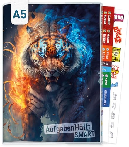 Häfft® Hausaufgabenheft A5 ohne Datum - immer sichtbarer Stundenplan, Softcover Aufgabenheft inkl. Schutzumschlag + Sticker Wild Tiger