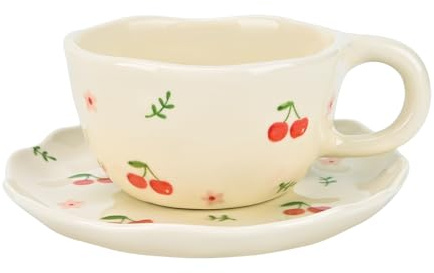 Koythin Tasse en céramique motif fleur main-faite, jolie pour fille et femme, esthétique avec poignée, pour latte, cacao, bureau, maison (fleur de cerisier)