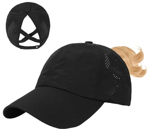AWAVM Damen-Baseballkappe mit überkreuztem Pferdeschwanz, hoher unordentlicher Dutt, Ponycap, schnell trocknend, Netzstoff, Outdoor-Sportmütze mit Pferdeschwanz-Loch, verstellbar, Reise-Sommerhut