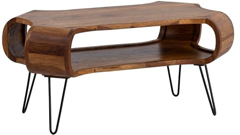 FineBuy Couchtisch 100x60x47 cm Sheesham Massivholz Metall, Stauraum | rechteckiger Wohnzimmertisch mit großem Ablagefach, Sofatisch aus Echtholz, handgefertigtes Unikat