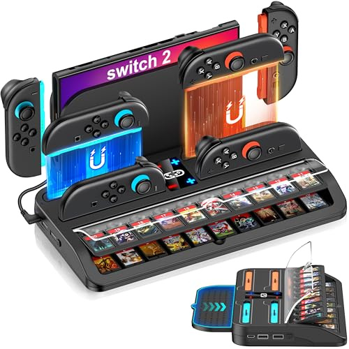 Switch Ladestation für Nintendo Switch 2, 2.5 Stunden Controller Ladestation für Joycons mit 20 Spielesteckplätzen, Spiele Aufbewahrung Docking Station Zubehör