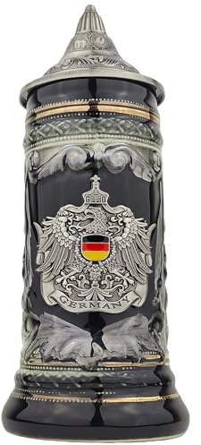EVERSTYLE Bierkrug mit Deckel 0,7L – Klassischer Steinkrug mit Spitzdeckel & Metallmontur – Deutschland-Motiv – Geschenkidee für Männer, Vater & Bierliebhaber (Schwarz)