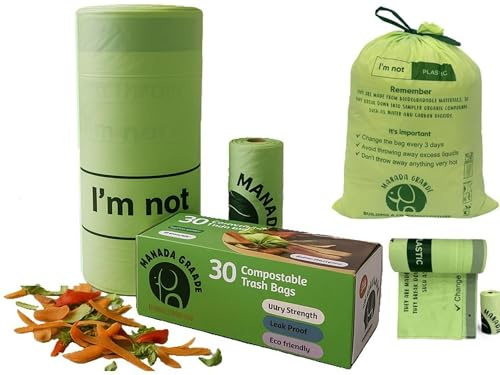 Compostable Trash Bags 13 Gallon Drawstring – 45 Count (30 Kitchen + 15 Small) – Extra Thick 1.38 Mil – BPI & OK Compost Certified – Plant-Based Kitchen Garbage Bags – MANADA GRANDE
