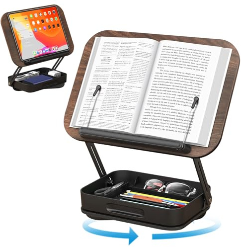 Kqpoinw Support de Livre Pour Lecture, Bois Porte Livre avec Base de Rangement Rotative à 360°, RéGlable Pupitre de Lecture Support Livre avec Clips élastique Pour Recettes Cuisine Tablette Dessin