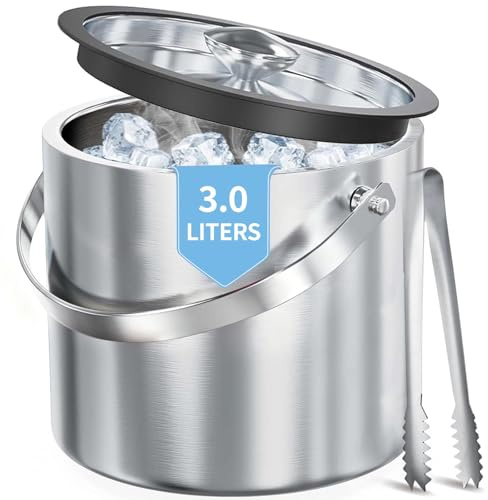 Houbobo 3L Metal Double Wall Ice Bucket with Airtight Lid, Tong and Strainer, Keeps Ice Cold & Dry, Double-Wall Insulated Ice Bucket for Parties, Home Bars, Restaurants, Pubs, BBQs and Picnics