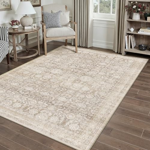 PureCozy Tappeto Lavabile Beige per Soggiorno 80x150cm, Vintage per Living Room, a Pelo Corto, Antiscivolo, Morbido, Stile Boho Retro per Cucina, Camera da Letto, Sala da Pranzo