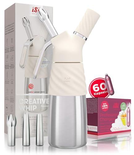 ISI Creative Whip Premium Sahnespender 500ml, Ivory White, aus Edelstahl, inkl. 3 Edelstahltüllen & 60 Sahnekapseln Sahnespender für Sahne, Dessert & Herzhaftes, Spülmaschinenfest