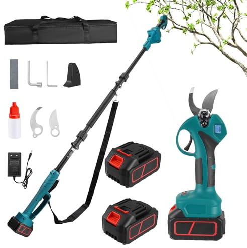 Haedswer 2 en 1 Tijeras de Podar Electricas con Pértiga, Tijeras de Podar Bateria, con 2 x 3000mAh Baterías, Podadora Electrica Bateria para Jardinería, Árboles Frutales