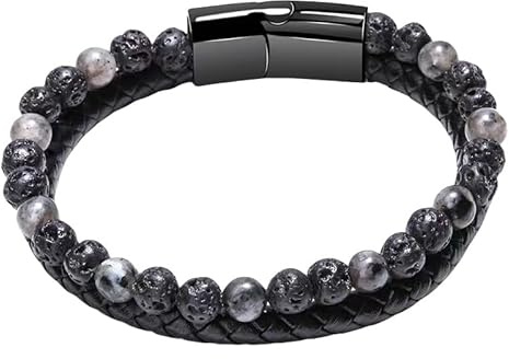 Bracciale In Pelle Con Pietra Naturale, Braccialetti Con Perline Intrecciate Multistrato Con Chiusura Magnetica, Bracciale In Pelle Nera, Gioielli Fatti A Mano, Regali Per Uomo E Donna, Alabradorite