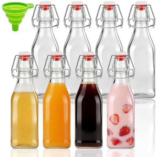 CHUNGG Glass Bottles with Lids, Funnels for Filling Bottles or Containers, Clear Glasses Stoppers Beer Bottle, Juice, Water, Beverages, Soda, Flip Cover with Airtight Rubber Seal（ 250ml Set of 8 ）