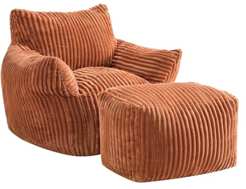 JULY'S SONG Pouf Velours Côtelé, Fauteuil Lounge avec Repose-Pieds, pour Adulte, 96x95x79 cm, Orange, Style Moderne, Rembourrage Mousse Haute Densité, Velours Côtelé