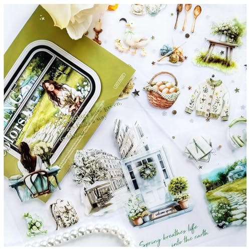 Scrapbooking Stickerbuch 20 Blätter - Bullet Journal Sticker Frühling & Mädchen, PET Aufkleber für Tagebuch, Karten, Geschenkbox, DIY Dekoration - Aquarell Stil Sticker Set (Spring)