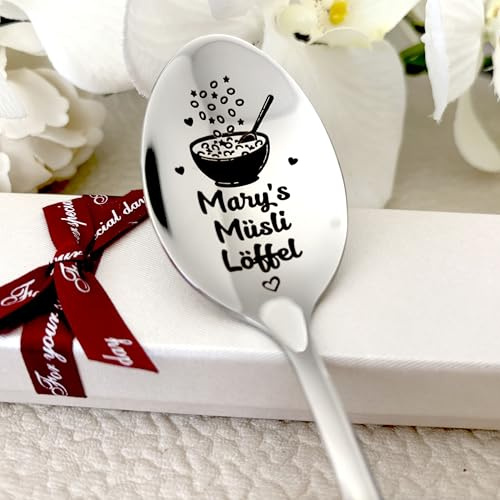 Müslilöffel mit individueller Gravur auf Löffelkopf und Griff, Personalisiertes Geschenk für Mama Papa Oma Opa, Edelstahl