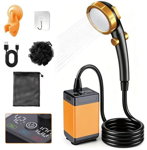 Camping Shower, 4H Runtime 9600mAh Rechargeable Portable Shower Pump | Temperature & Battery Display, 3 Spray Modes & IP68 Waterproof Outdoor Shower for Camping, Hiking, Travel, Pet, Car