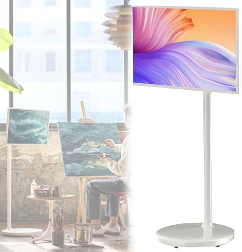 Portable TV Stand on Wheels with Touch Screen Monitor, 21.5-Inch Full Swivel Rotation, Built-in Battery, 4GB RAM, 64GB Storage