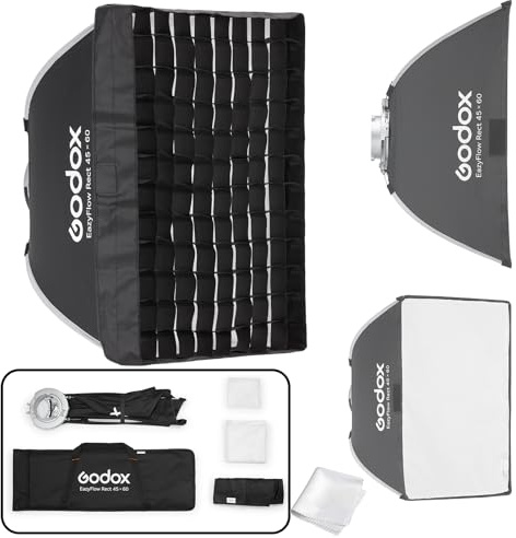 Godox EazyFlow Rect 45x60cm Softbox med Grid & Metall Bowens-fattning | Snabb hopfällbar paraplymekanism med metall Bowens-ring för studioblixtar och produktfotografering.