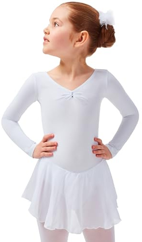 tanzmuster ® Ballettkleid Mädchen Langarm - Anna - (92-170) aus weichem Baumwollstoff mit Glitzersteinen und Chiffon Röckchen fürs Kinder Ballett Ballettbody