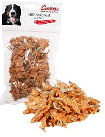 Corwex Hühnerbrust mit Fisch (250g), getreidefrei & fettarm, 100% Huhn im Fleischanteil, Hundesnack - Ideal für zwischendurch