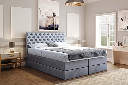 TRADA Boxspringbett 180 x 200 cm LUWR mit H3 Bonell- und Taschenmatratze - Bett mit Bettkasten - Chesterfield-Kopfteil - Hellgrau