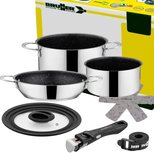 BRUNNER: Camping Topf-Set Edelstahl (Kochtöpfe, Bratpfanne & Griff) ø 20 cm - ACADEMY NG 5+1 Teilig - Elektro-Herd, Gaskocher, Induktion & Keramikkochfeld - Für 1-2 Personen
