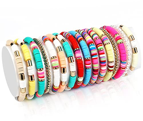 KINBOM 16 Pièces Boho Bracelet,Bracelets Heishi Preppy Colorés Boho Bracelet Extensible en Perles Bijoux de Plage d'Été pour Femmes Filles(Style simple)
