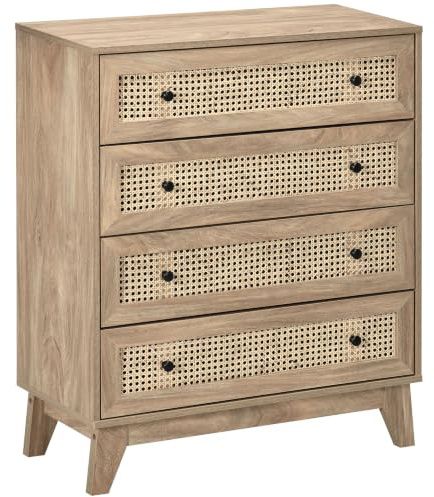 HOMCOM Commode 4 Tiroirs Cannage Rotin 80 x 35 x 95 cm Bois Clair
