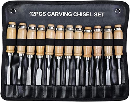 OITTo Wood Chisel Set High-Carbon Steel,Solid Wood Handle with Hammer Steel-end Cap for, Carving,12-Piece Set