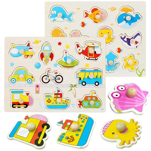 DAGORD Holzpuzzle Fahrzeuge Meerestiere Baby Spielzeug Puzzle ab 1 2 3 Jahre Montessori Spielzeug Steckpuzzle Holz mit Großen Holzknöpfen zum Greifen Lernspielzeug für Jungen Mädchen Kindergeschenke