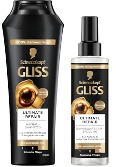 Gliss Shampoo Ultimate Repair (250 ml), Haarshampoo mit flüssigem Keratin & Perlen-Extrakt, Keratin Shampoo & Express-Repair-Spülung Ultimate Repair (200 ml), Haarspülung Pflegespülung