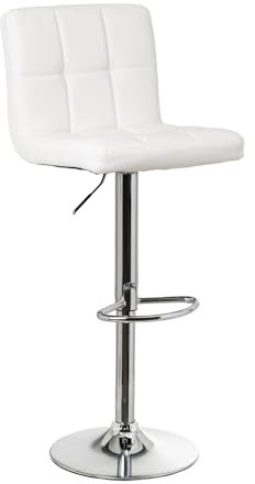 LOLAhome Taburete Alto de Cocina Giratorio en 360°, Sillas de Bar Regulable en Altura de 93 a 113 cm, con Respaldo de Polipiel, Estructura Metal y Reposapiés, Blanco