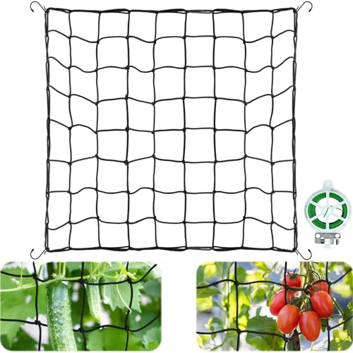 Red de Enrejado Jardín, 130x130cm Red de Soporte para Plantas con 4 Ganchos, Red de Apoyo para Plantas con Alambre de Jardín, Red para Plantas Trepadoras, Pepinos, Verduras, Frijoles, Frutas, Flores