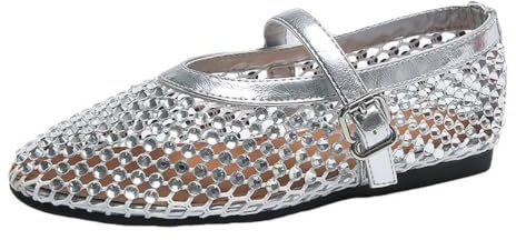 CRETUAO Ballerines découpées pour Femmes, Sandales décontractées et Confortables à Bout Rond avec Boucle Mary Jane, Chaussures Plates Sexy en Mailles Strass,Argent,39 EU