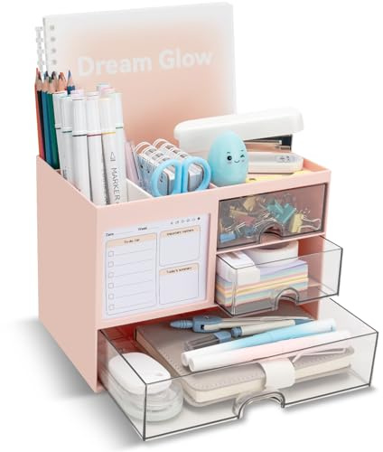RISEMART Desk Organiser with 3 Drawers, Desk Tidy Organiser with Pen Holder, Large Capacity Desktop Organizer Stationery Storage Box for School Office Home Makeup Desk Supplies (Pink)
