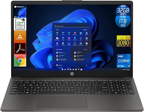 HP Notebook 250 G10, CPU Intel Core i7 13Th Gen, 32GB Ram DDR4, 1TB (1000GB) NVMe SSD, Windows 11 Pro, Display Laptop 15.6 Full HD, Portatile Pronto all'Uso