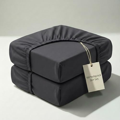 Hausfelder Spannbettlaken 2er Set, 180-200x200, Topper, Anthrazit | 100% Baumwolle, bis 15 cm Steghöhe, Topperbezug 180x200 bis 200x200, Anthrazit