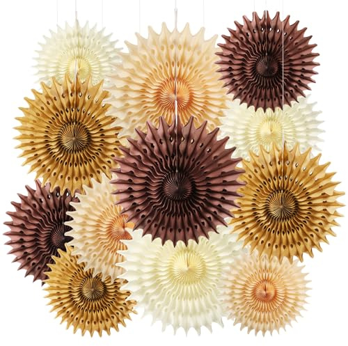 BestoFun 12 Stück Papier Fächer Set Beige PomPoms Tissue Blumen Braun Hängende Blumen Girlande Elfenbein Papier Fächer Dekoration für Partydeko Kinder Geburtstagsdeko Hochzeit Baby Shower