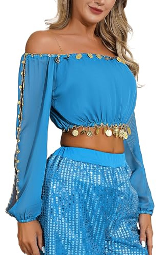 Sxiwei Women Abito Danza del Ventre Top con Monete Spalle Scoperte Tunica Camicie Corto Ventre Scoperto Crop Top Abbigliamento Belly Dance Cielo Azzurro Taglia Unica