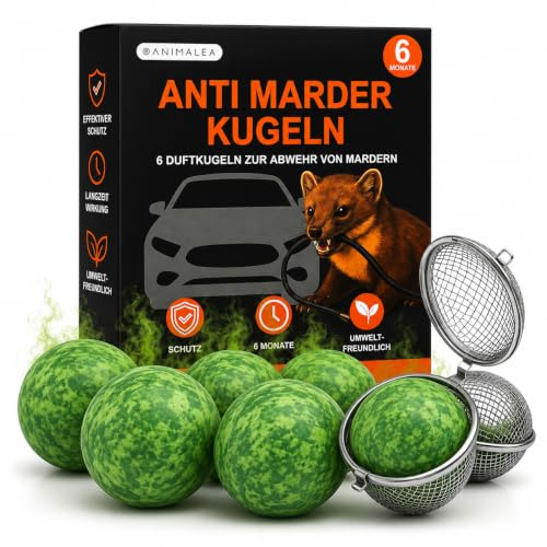 Marderschreck Auto – 6 Stück Marderkugeln inkl. 3 Schutzkorb Halterungen | Sichere Befestigung im Motorraum | Marderabwehr Auto Duftkugeln bis zu 6 Monate - Alternative zu Marderspray - Marder Abwehr