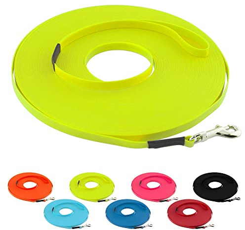 LENNIE Ultraleichte BioThane Schleppleine für Hunde bis 5kg, 20m lang, mit Handschlaufe, Neon-Gelb, genäht, 9 mm